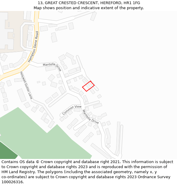 13, GREAT CRESTED CRESCENT, HEREFORD, HR1 1FG: Location map and indicative extent of plot