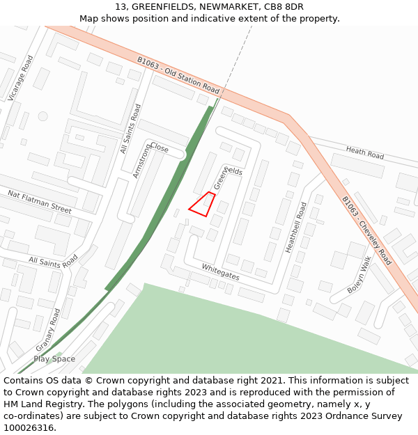 13, GREENFIELDS, NEWMARKET, CB8 8DR: Location map and indicative extent of plot