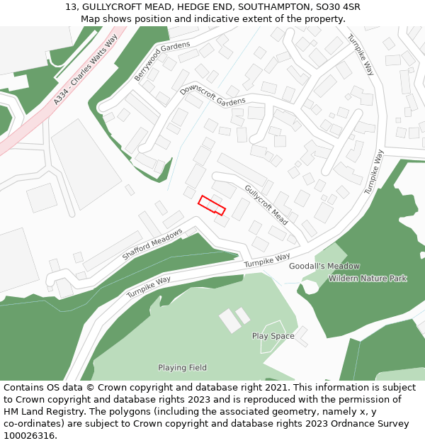 13, GULLYCROFT MEAD, HEDGE END, SOUTHAMPTON, SO30 4SR: Location map and indicative extent of plot