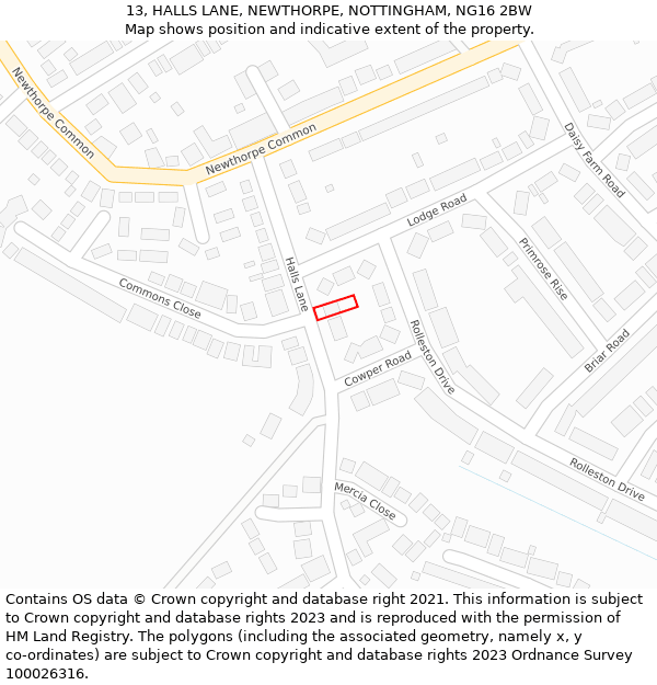 13, HALLS LANE, NEWTHORPE, NOTTINGHAM, NG16 2BW: Location map and indicative extent of plot