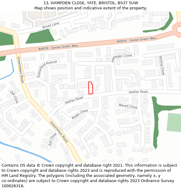 13, HAMPDEN CLOSE, YATE, BRISTOL, BS37 5UW: Location map and indicative extent of plot