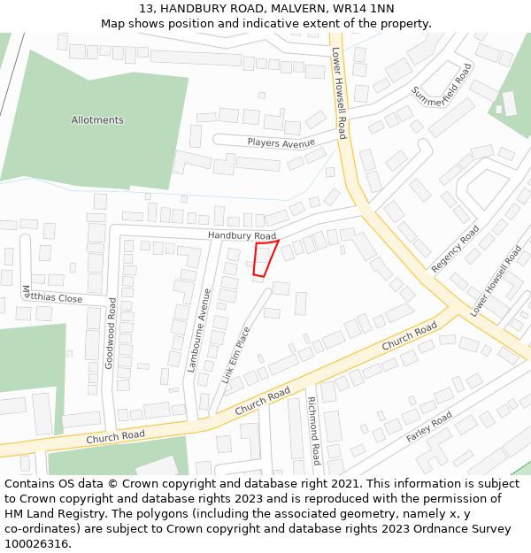 13, HANDBURY ROAD, MALVERN, WR14 1NN: Location map and indicative extent of plot