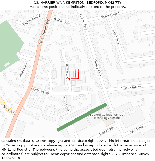 13, HARRIER WAY, KEMPSTON, BEDFORD, MK42 7TY: Location map and indicative extent of plot