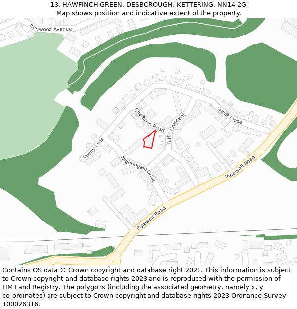 13, HAWFINCH GREEN, DESBOROUGH, KETTERING, NN14 2GJ: Location map and indicative extent of plot