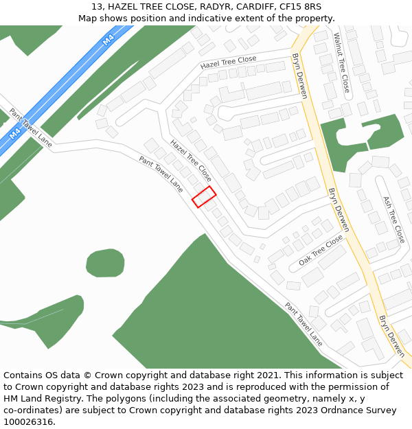 13, HAZEL TREE CLOSE, RADYR, CARDIFF, CF15 8RS: Location map and indicative extent of plot