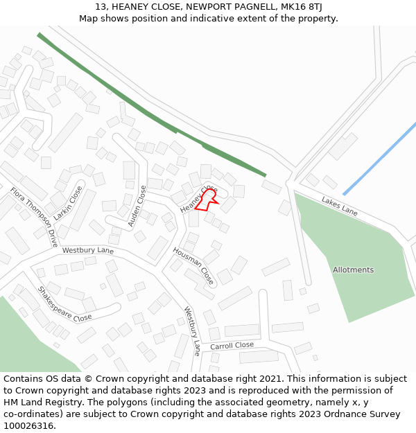 13, HEANEY CLOSE, NEWPORT PAGNELL, MK16 8TJ: Location map and indicative extent of plot