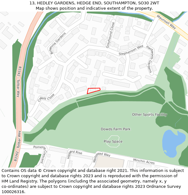 13, HEDLEY GARDENS, HEDGE END, SOUTHAMPTON, SO30 2WT: Location map and indicative extent of plot