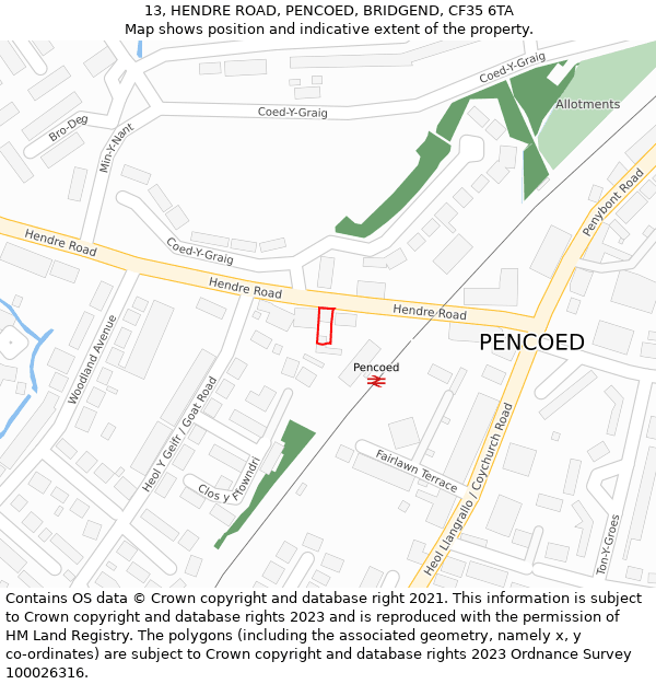 13, HENDRE ROAD, PENCOED, BRIDGEND, CF35 6TA: Location map and indicative extent of plot