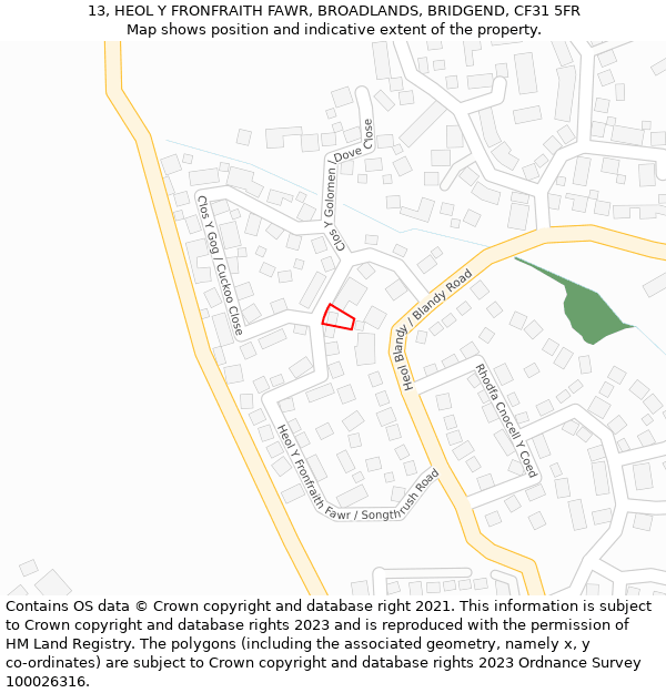 13, HEOL Y FRONFRAITH FAWR, BROADLANDS, BRIDGEND, CF31 5FR: Location map and indicative extent of plot