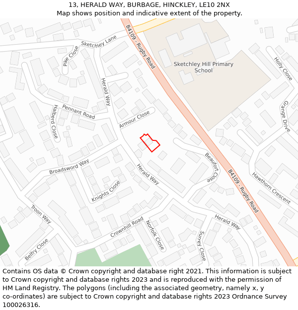 13, HERALD WAY, BURBAGE, HINCKLEY, LE10 2NX: Location map and indicative extent of plot