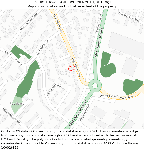13, HIGH HOWE LANE, BOURNEMOUTH, BH11 9QS: Location map and indicative extent of plot