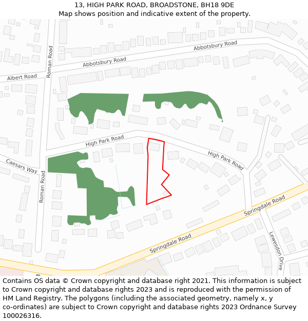 13, HIGH PARK ROAD, BROADSTONE, BH18 9DE: Location map and indicative extent of plot