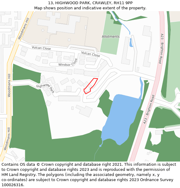 13, HIGHWOOD PARK, CRAWLEY, RH11 9PP: Location map and indicative extent of plot
