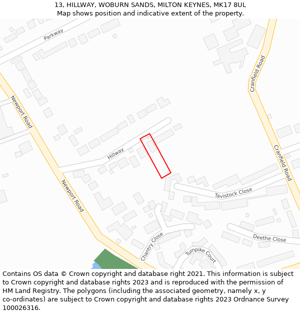 13, HILLWAY, WOBURN SANDS, MILTON KEYNES, MK17 8UL: Location map and indicative extent of plot