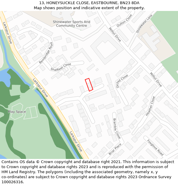13, HONEYSUCKLE CLOSE, EASTBOURNE, BN23 8DA: Location map and indicative extent of plot