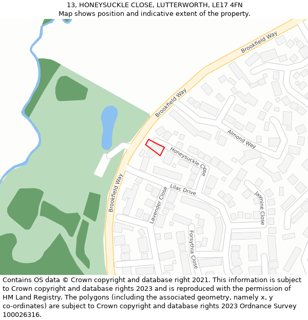 13, HONEYSUCKLE CLOSE, LUTTERWORTH, LE17 4FN: Location map and indicative extent of plot