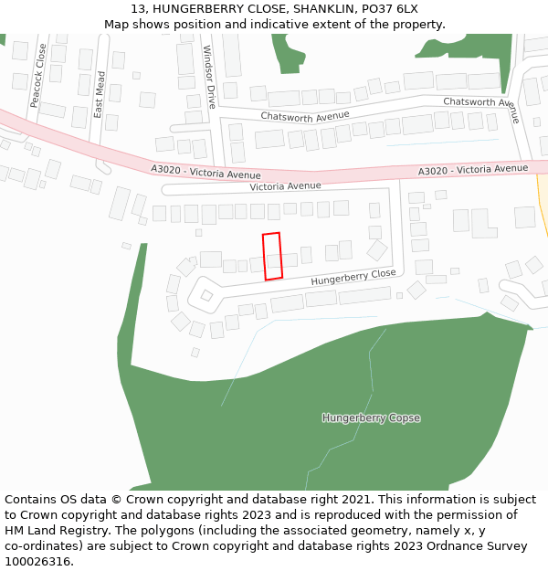 13, HUNGERBERRY CLOSE, SHANKLIN, PO37 6LX: Location map and indicative extent of plot