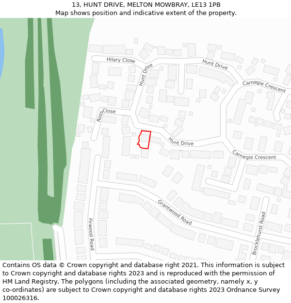 13, HUNT DRIVE, MELTON MOWBRAY, LE13 1PB: Location map and indicative extent of plot