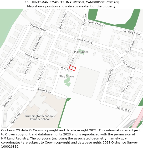 13, HUNTSMAN ROAD, TRUMPINGTON, CAMBRIDGE, CB2 9BJ: Location map and indicative extent of plot