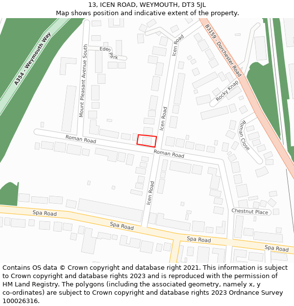 13, ICEN ROAD, WEYMOUTH, DT3 5JL: Location map and indicative extent of plot