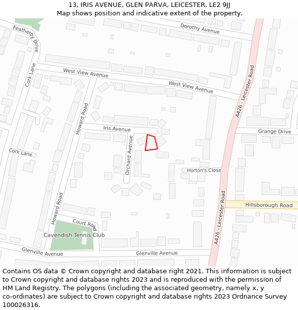 13, IRIS AVENUE, GLEN PARVA, LEICESTER, LE2 9JJ: Location map and indicative extent of plot