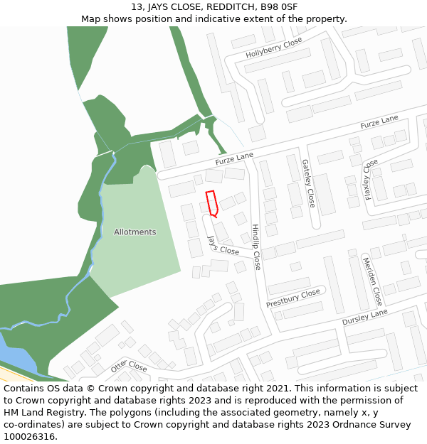 13, JAYS CLOSE, REDDITCH, B98 0SF: Location map and indicative extent of plot