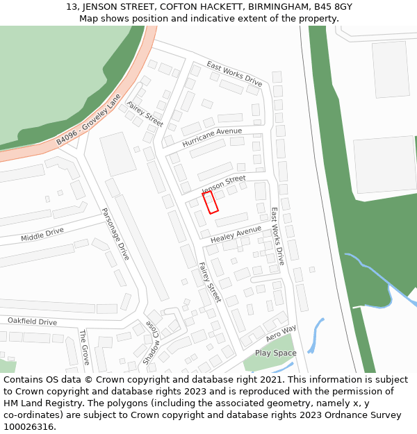 13, JENSON STREET, COFTON HACKETT, BIRMINGHAM, B45 8GY: Location map and indicative extent of plot