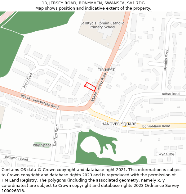 13, JERSEY ROAD, BONYMAEN, SWANSEA, SA1 7DG: Location map and indicative extent of plot