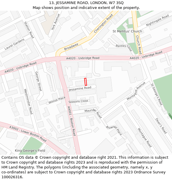 13, JESSAMINE ROAD, LONDON, W7 3SQ: Location map and indicative extent of plot