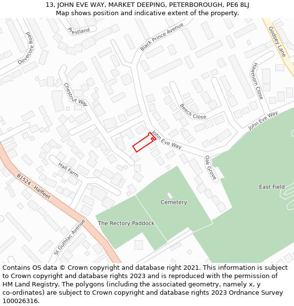 13, JOHN EVE WAY, MARKET DEEPING, PETERBOROUGH, PE6 8LJ: Location map and indicative extent of plot