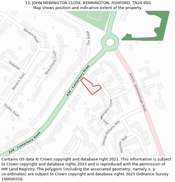 13, JOHN NEWINGTON CLOSE, KENNINGTON, ASHFORD, TN24 9SG: Location map and indicative extent of plot