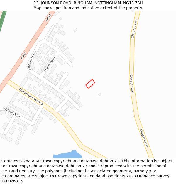 13, JOHNSON ROAD, BINGHAM, NOTTINGHAM, NG13 7AH: Location map and indicative extent of plot