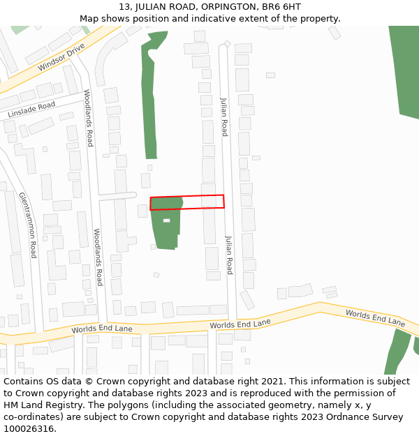 13, JULIAN ROAD, ORPINGTON, BR6 6HT: Location map and indicative extent of plot