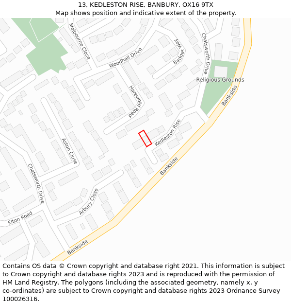 13, KEDLESTON RISE, BANBURY, OX16 9TX: Location map and indicative extent of plot