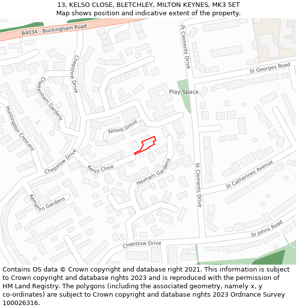 13, KELSO CLOSE, BLETCHLEY, MILTON KEYNES, MK3 5ET: Location map and indicative extent of plot