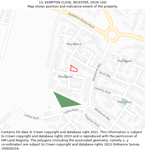 13, KEMPTON CLOSE, BICESTER, OX26 1AD: Location map and indicative extent of plot