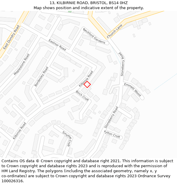 13, KILBIRNIE ROAD, BRISTOL, BS14 0HZ: Location map and indicative extent of plot