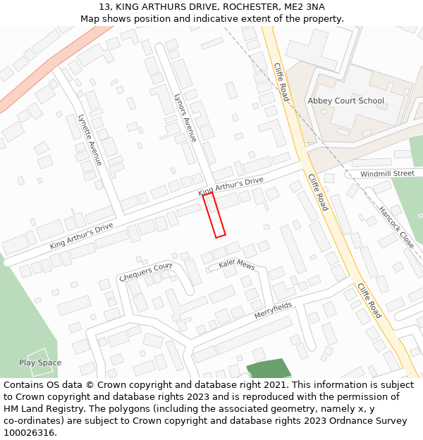 13, KING ARTHURS DRIVE, ROCHESTER, ME2 3NA: Location map and indicative extent of plot