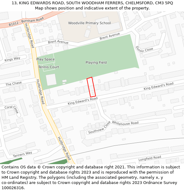 13, KING EDWARDS ROAD, SOUTH WOODHAM FERRERS, CHELMSFORD, CM3 5PQ: Location map and indicative extent of plot