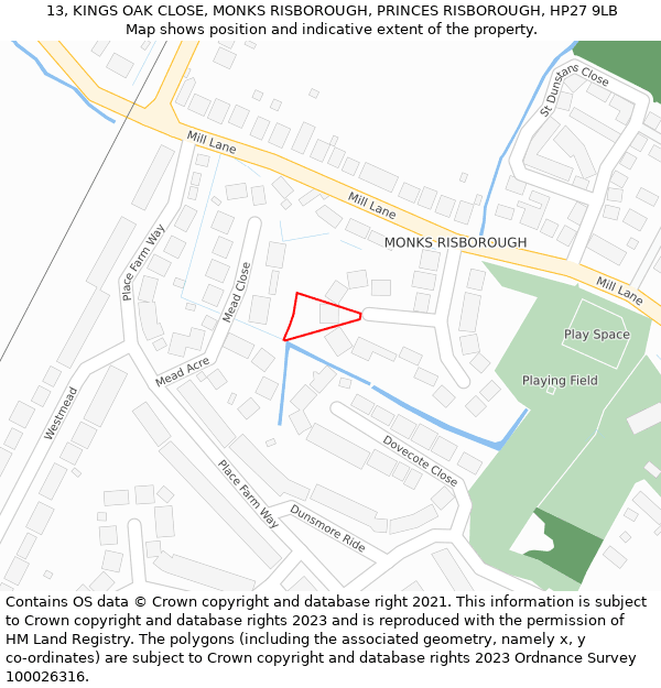 13, KINGS OAK CLOSE, MONKS RISBOROUGH, PRINCES RISBOROUGH, HP27 9LB: Location map and indicative extent of plot