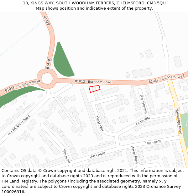 13, KINGS WAY, SOUTH WOODHAM FERRERS, CHELMSFORD, CM3 5QH: Location map and indicative extent of plot