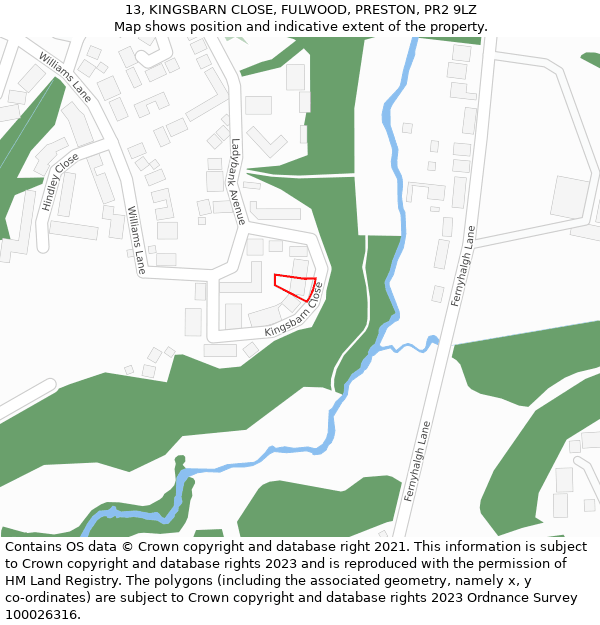 13, KINGSBARN CLOSE, FULWOOD, PRESTON, PR2 9LZ: Location map and indicative extent of plot
