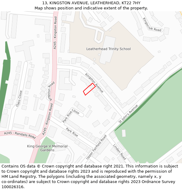 13, KINGSTON AVENUE, LEATHERHEAD, KT22 7HY: Location map and indicative extent of plot