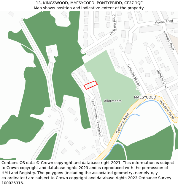 13, KINGSWOOD, MAESYCOED, PONTYPRIDD, CF37 1QE: Location map and indicative extent of plot