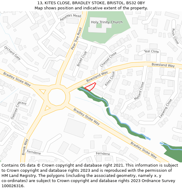 13, KITES CLOSE, BRADLEY STOKE, BRISTOL, BS32 0BY: Location map and indicative extent of plot