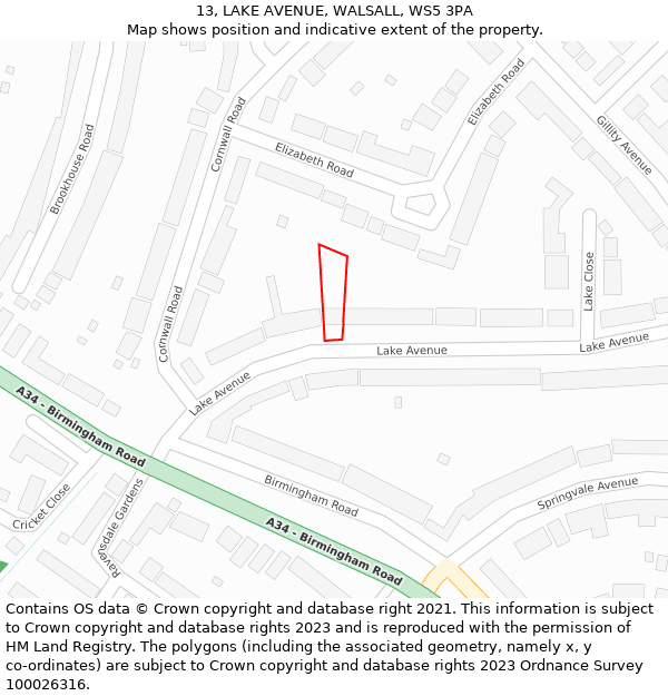 13, LAKE AVENUE, WALSALL, WS5 3PA: Location map and indicative extent of plot