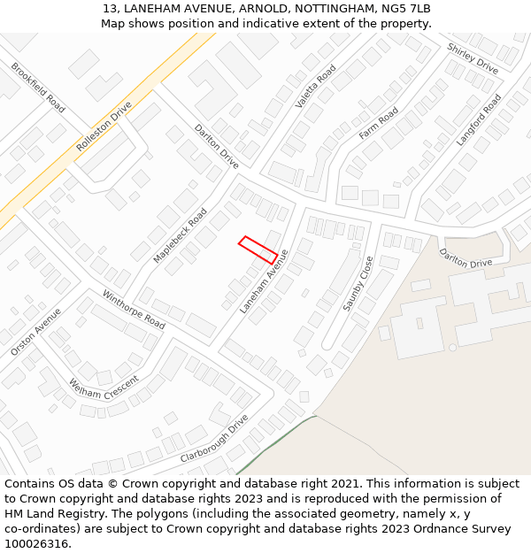 13, LANEHAM AVENUE, ARNOLD, NOTTINGHAM, NG5 7LB: Location map and indicative extent of plot