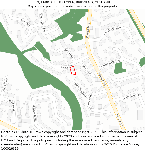 13, LARK RISE, BRACKLA, BRIDGEND, CF31 2NU: Location map and indicative extent of plot