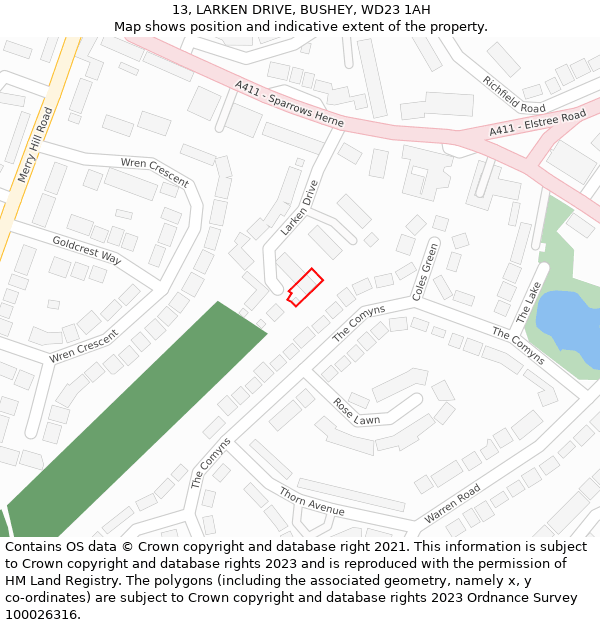 13, LARKEN DRIVE, BUSHEY, WD23 1AH: Location map and indicative extent of plot