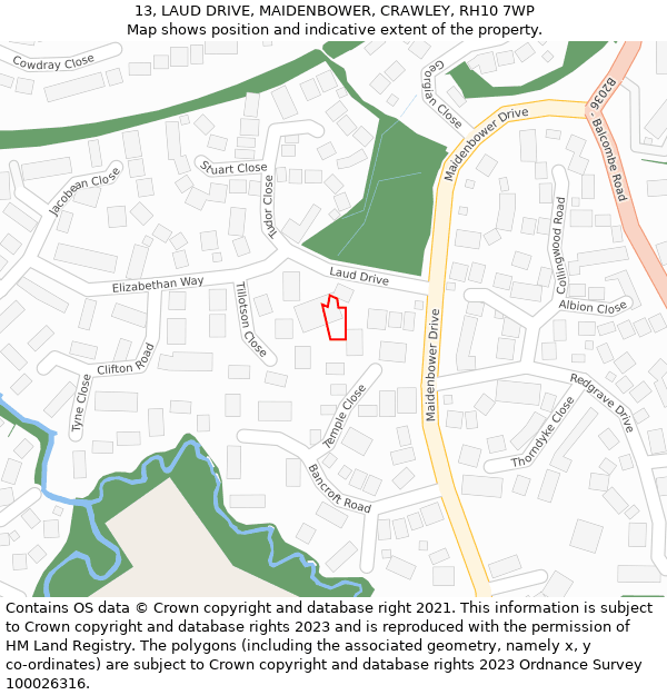 13, LAUD DRIVE, MAIDENBOWER, CRAWLEY, RH10 7WP: Location map and indicative extent of plot